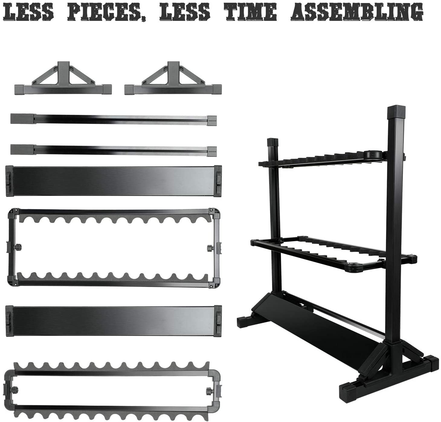 LUXHMOX Fishing-Holder Stand displaying 24 fishing rods organized neatly with reels attached, showcasing its sturdy and space-saving design.